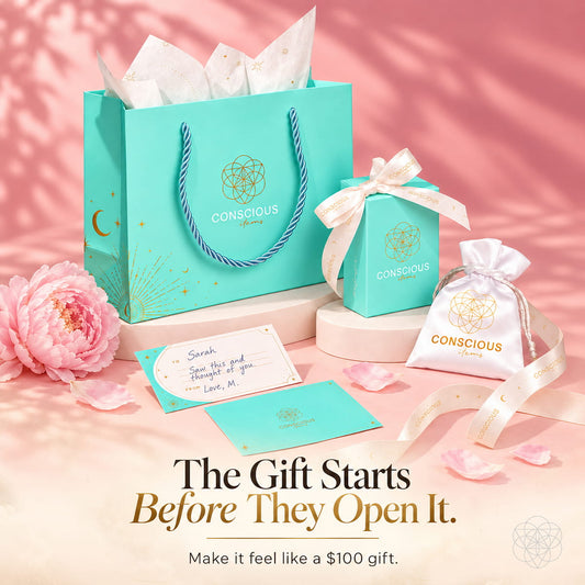 Turquoise gift bag set with tissue paper, ribbon, cards, and small matching gift box