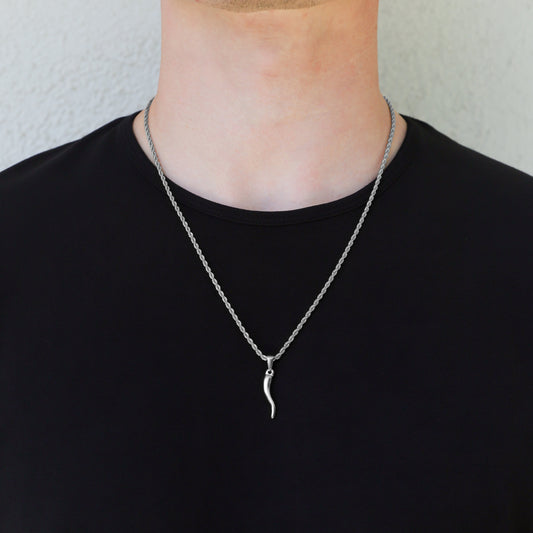 Silver horn pendant necklace with curved horn charm hanging from chain