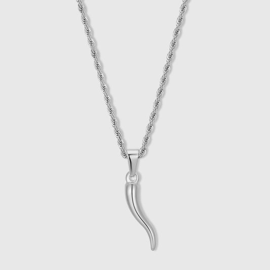 Silver horn pendant with loop bail on a chain necklace