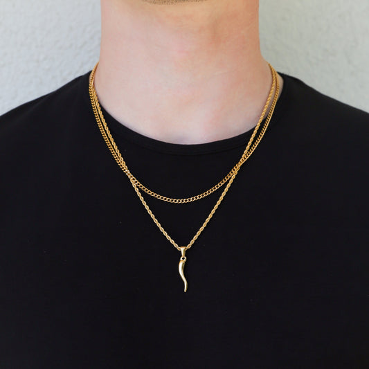 Gold layered horn pendant necklaces with two chain lengths