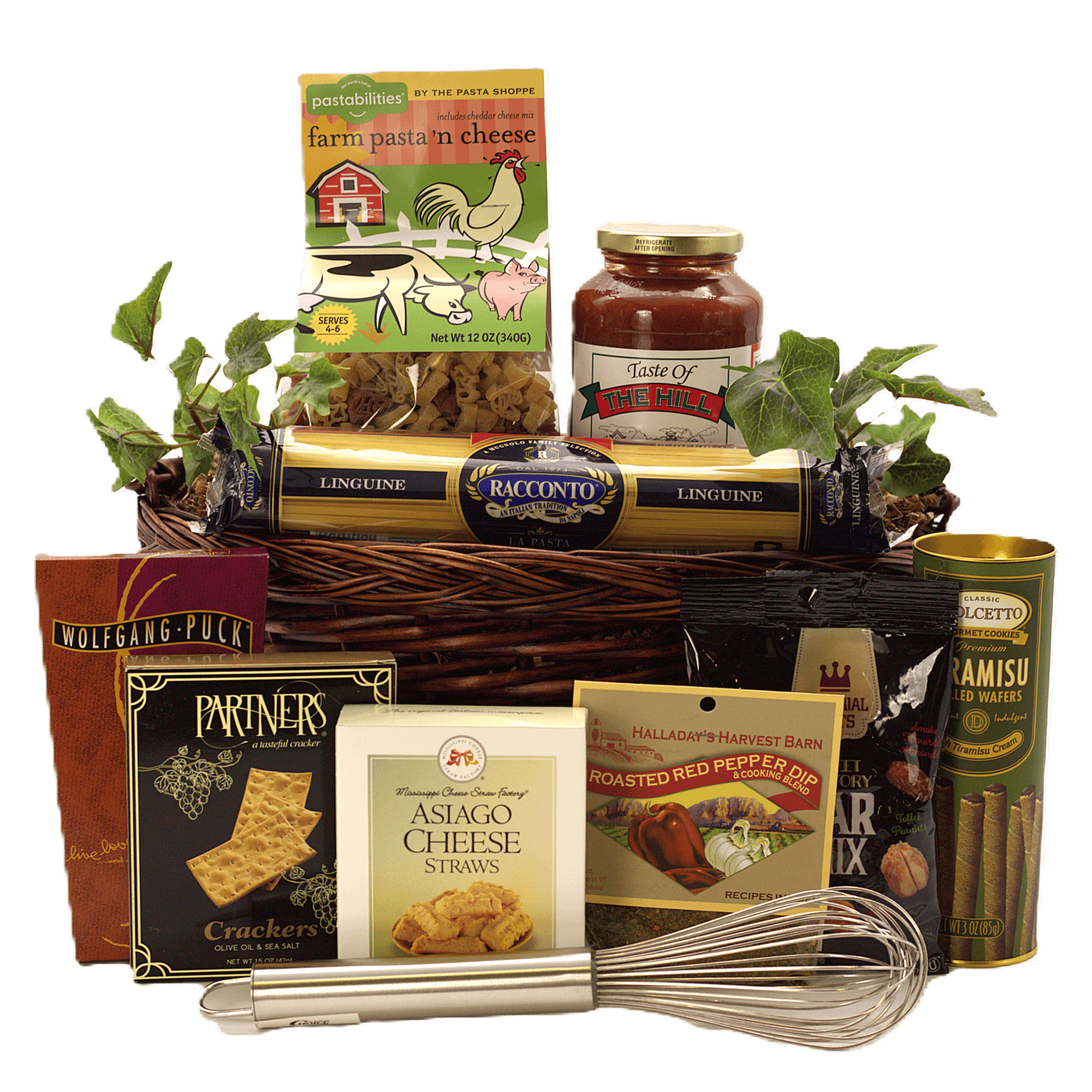 Italian gourmet gift basket with pasta, jarred sauce, crackers, cheese straws, whisk, wafers