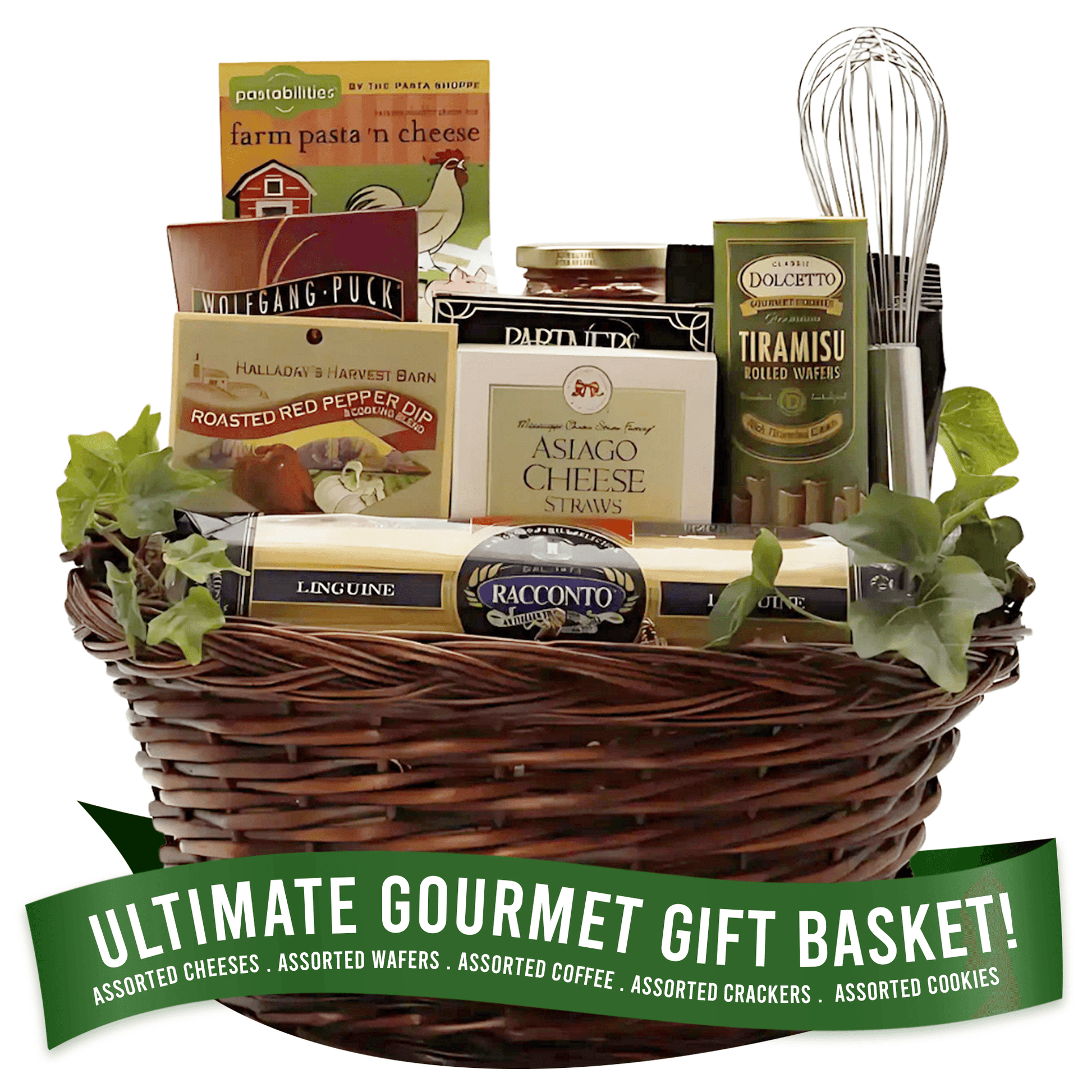 Italian gourmet gift basket with wicker base, assorted pasta, sauce, crackers, cheese straws