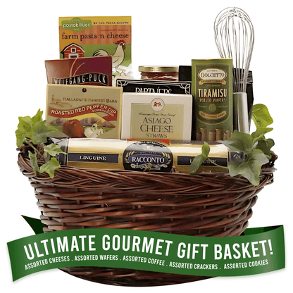 Italian gourmet gift basket with wicker base, assorted pasta, sauce, crackers, cheese straws