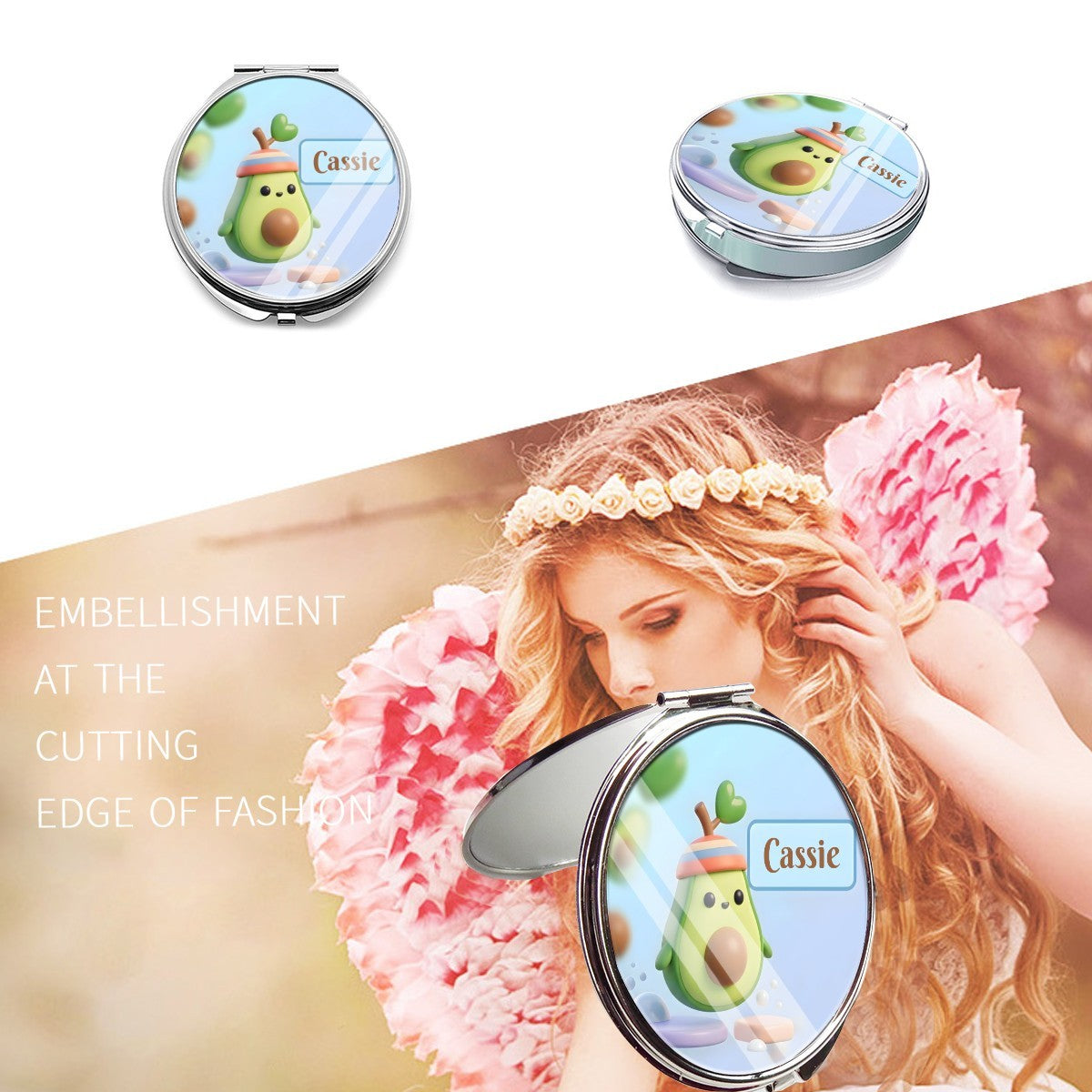 Silver avocado compact mirror shown closed and open, with personalized Cassie lid