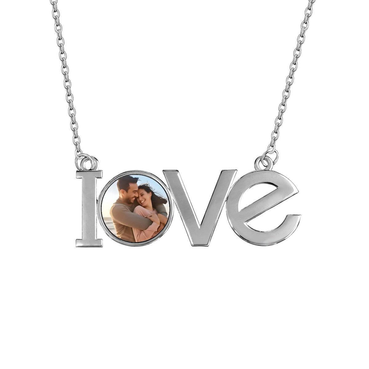 Silver LOVE photo pendant necklace with round charm holding a couple photo