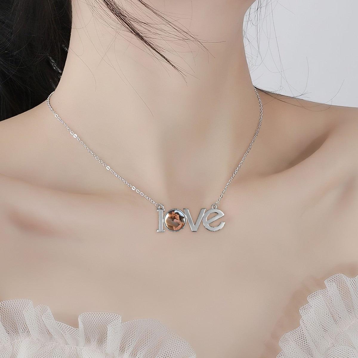 Silver LOVE photo pendant necklace with round photo charm on a chain