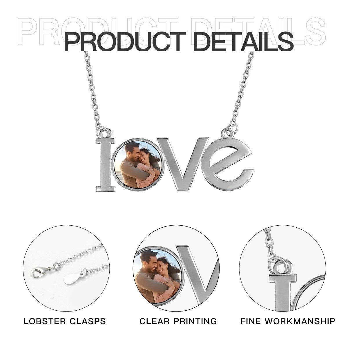 Silver LOVE photo pendant necklace with chain and round photo locket detail
