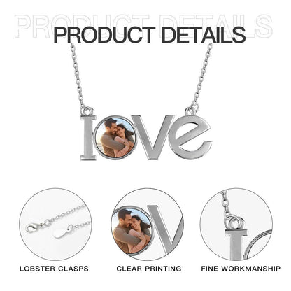 Silver LOVE photo pendant necklace with chain and round photo locket detail