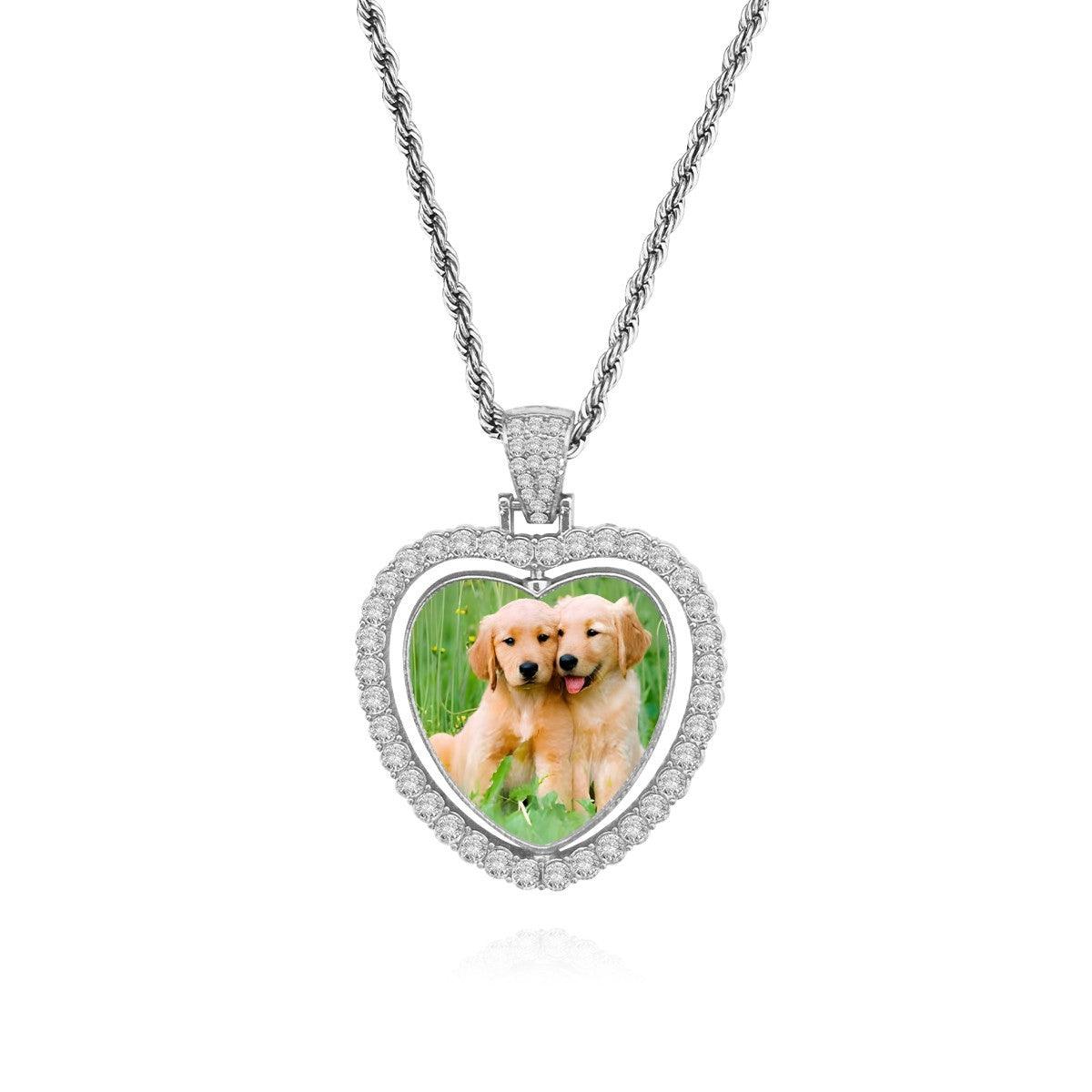 Silver heart photo pendant necklace with clear bezel and attached photo of a puppy