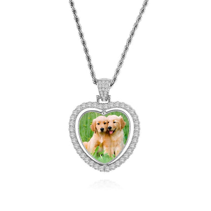 Silver heart photo pendant necklace with clear bezel and attached photo of a puppy