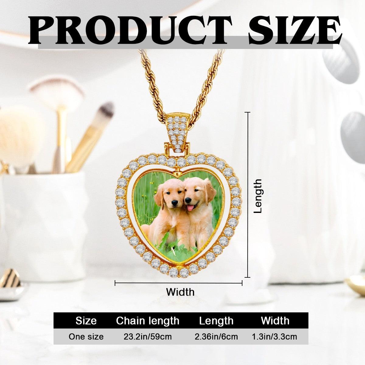 Gold heart photo pendant necklace with rhinestone border and photo window, shown with size