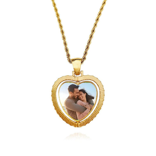 Gold heart photo pendant necklace with rhinestone edge and photo compartment charm