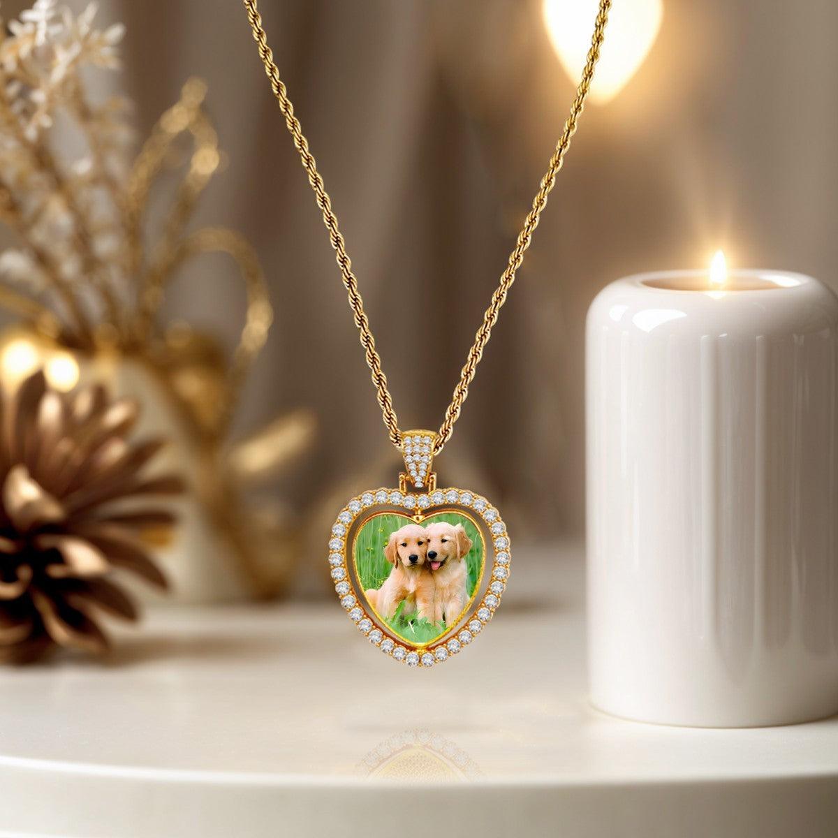 Gold heart photo pendant necklace with rhinestone border and photo inset