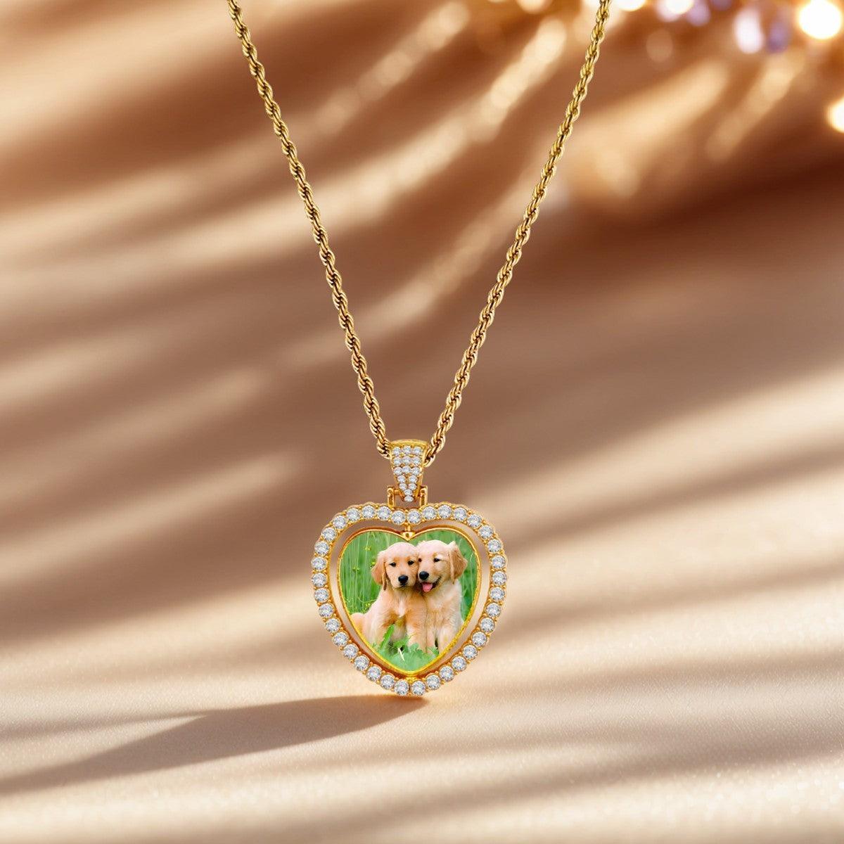 Gold heart photo pendant necklace with glittery rhinestone frame
