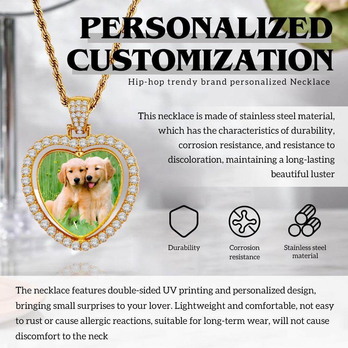 Gold heart photo pendant necklace with rhinestone trim and photo insert