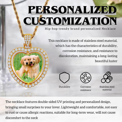 Gold heart photo pendant necklace with rhinestone trim and photo insert