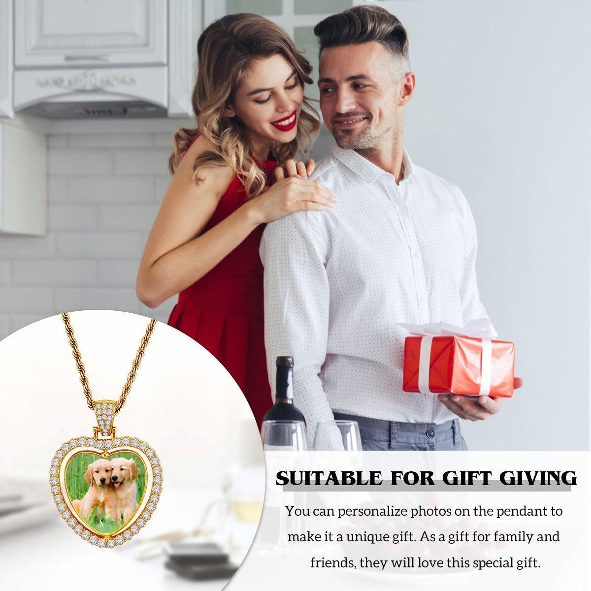 Gold heart pendant necklace with rhinestone bezel and photo window on chain