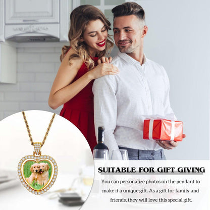 Gold heart pendant necklace with rhinestone bezel and photo window on chain