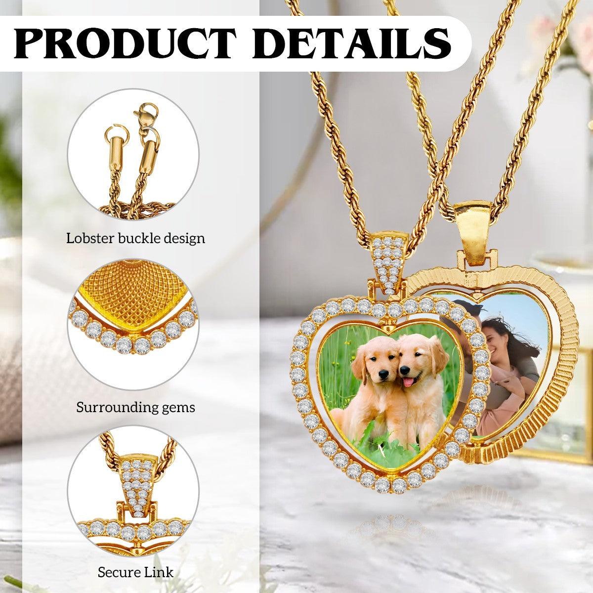 Gold photo pendant necklace showing chain and heart frame with rhinestone accents