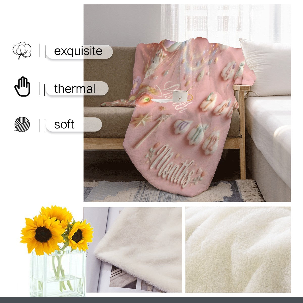 Pink milestone blanket featuring unicorn and balloon; soft warm fabric texture close-up