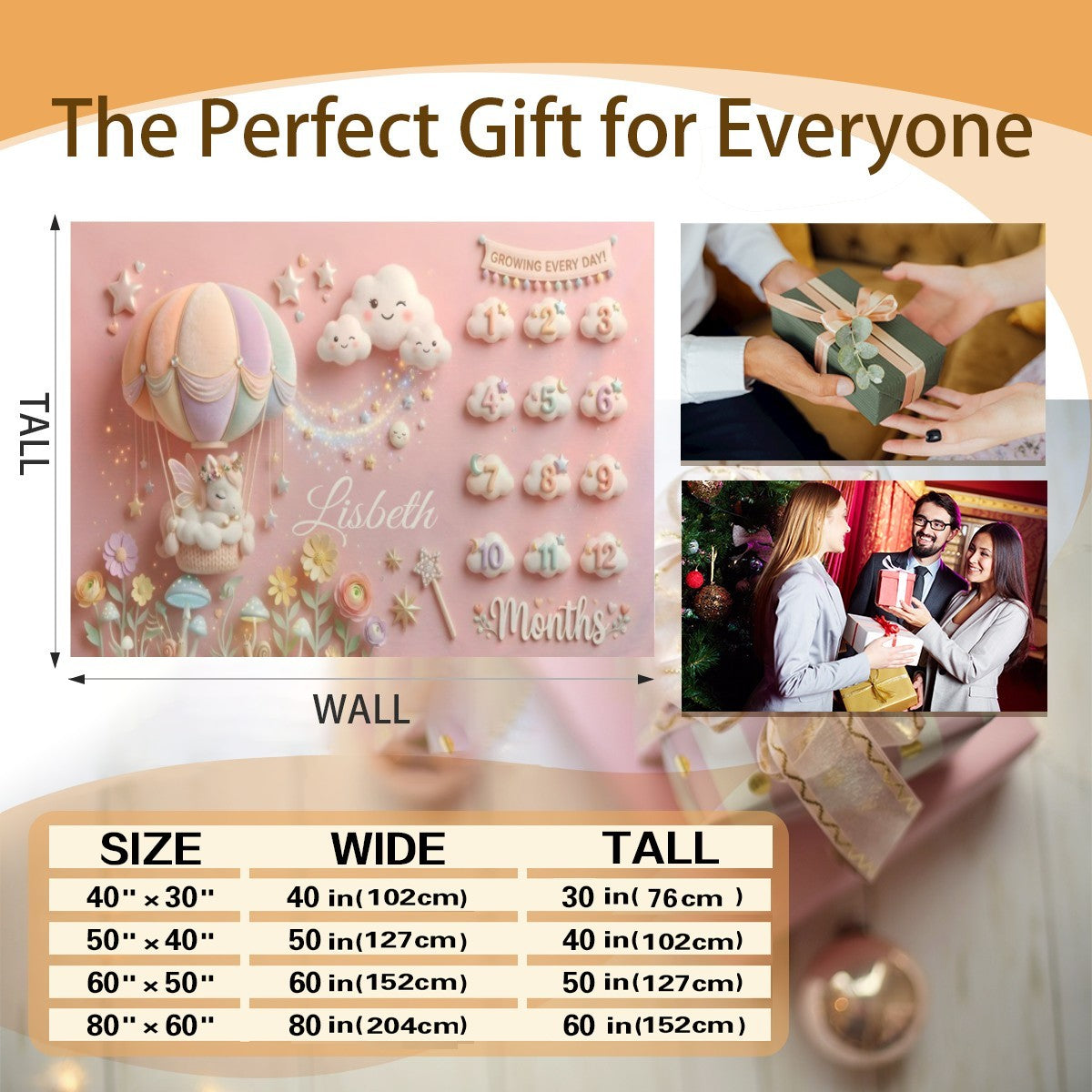 Pink milestone blanket with unicorn, balloon, and 1–12 months; includes gift size chart