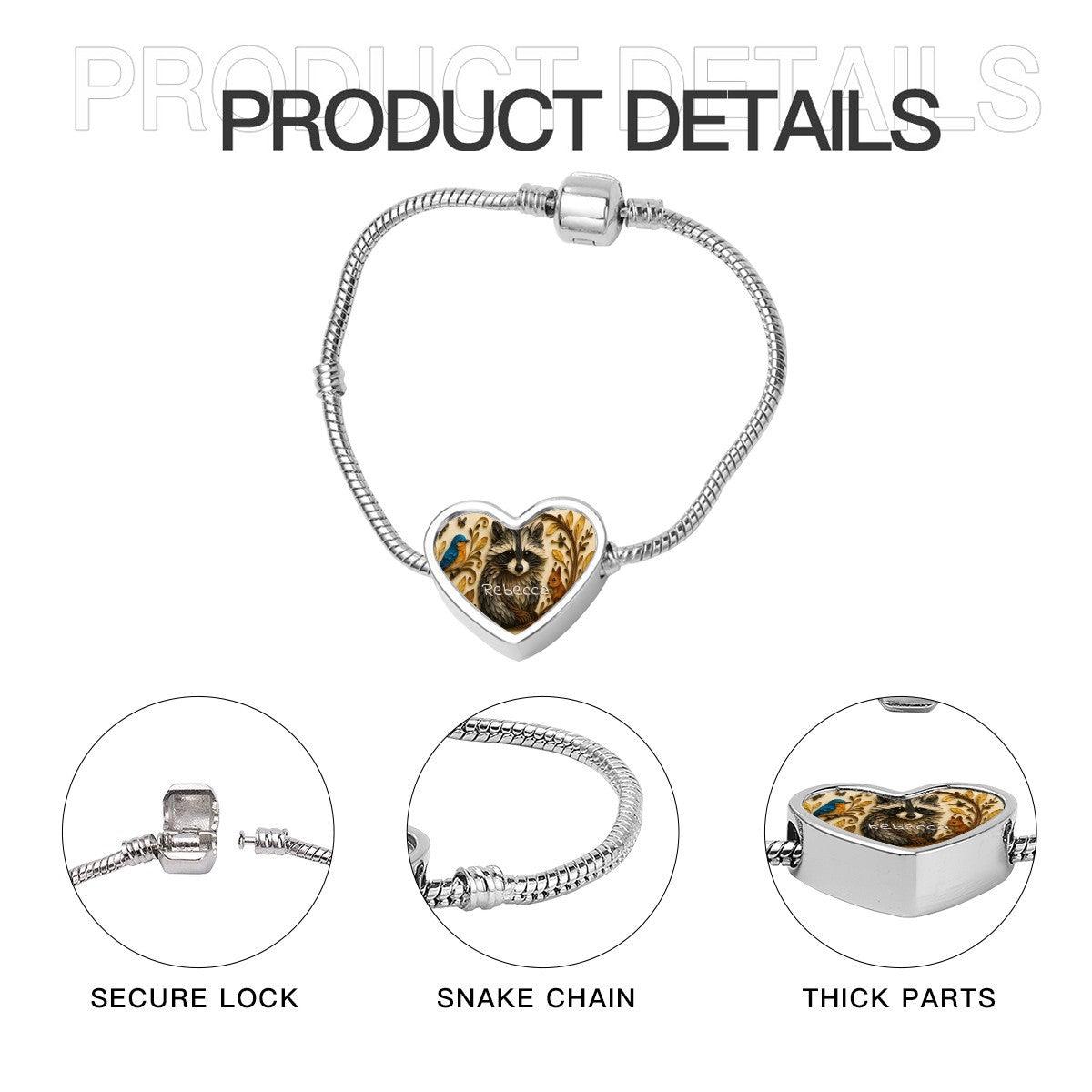 Heart charm snake chain bracelet with secure clasp and pendant featuring raccoon artwork