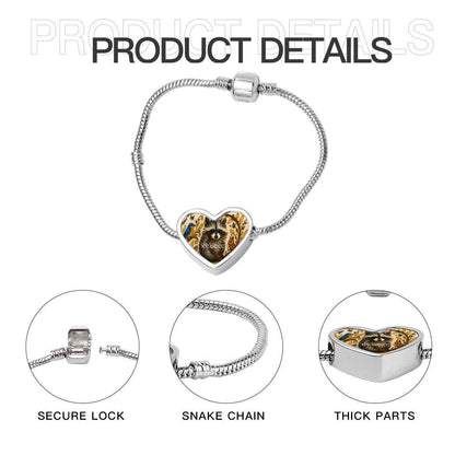 Heart charm snake chain bracelet with secure clasp and pendant featuring raccoon artwork