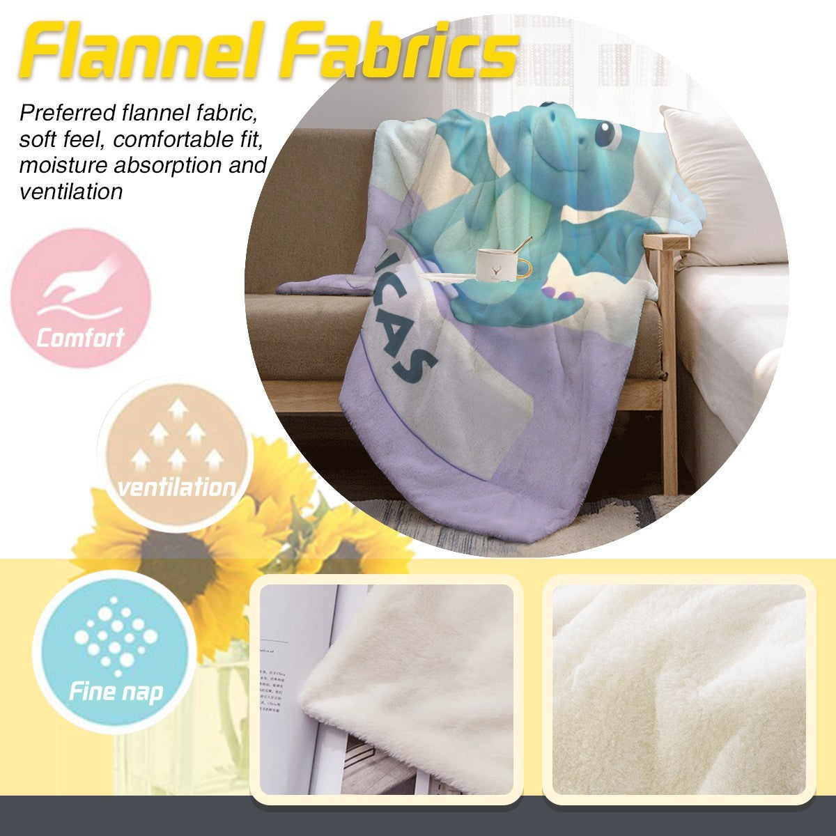 Cozy flannel kids blanket with blue dragon and “LUCAS” print