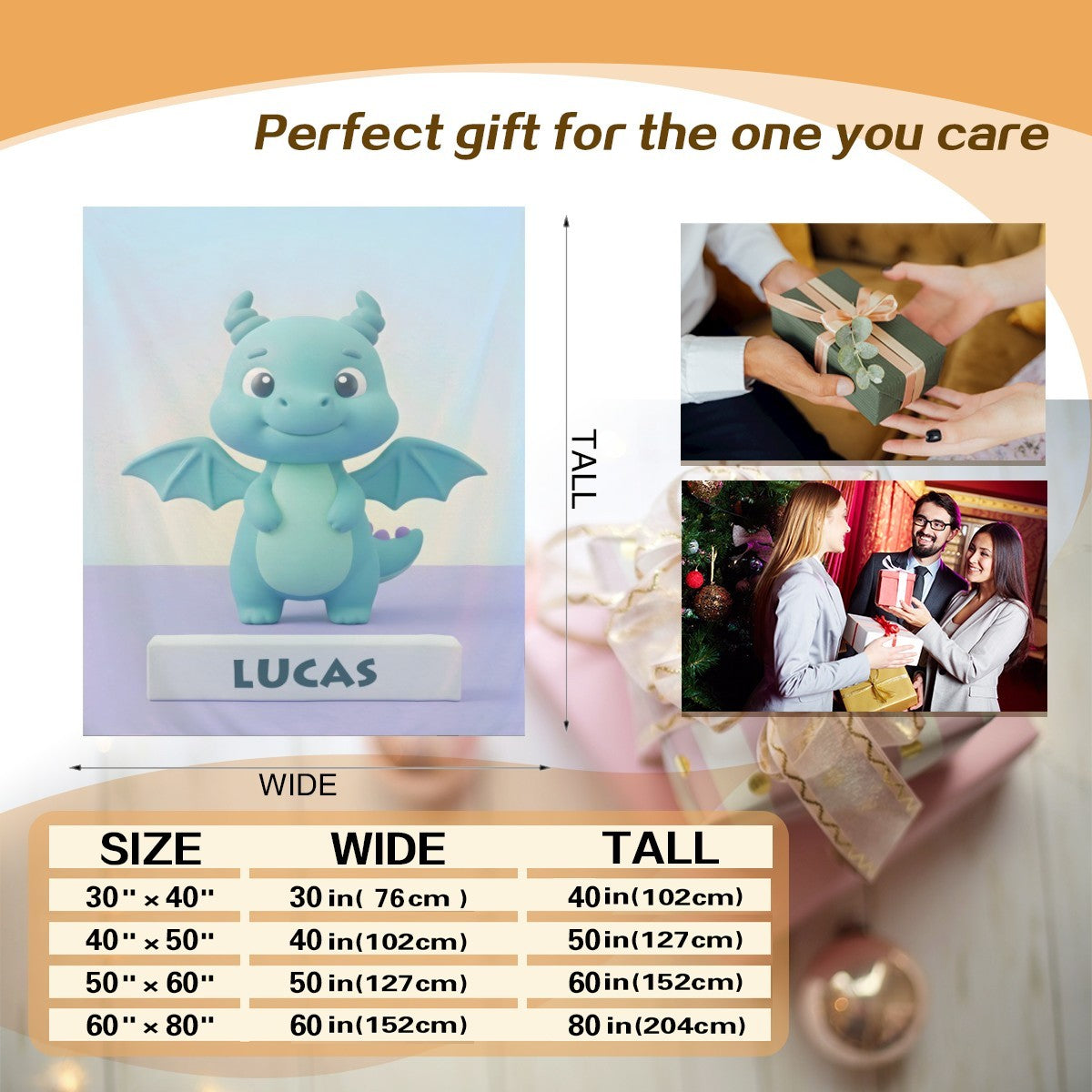 Blue dragon kids blanket with “LUCAS” name and size guide layout