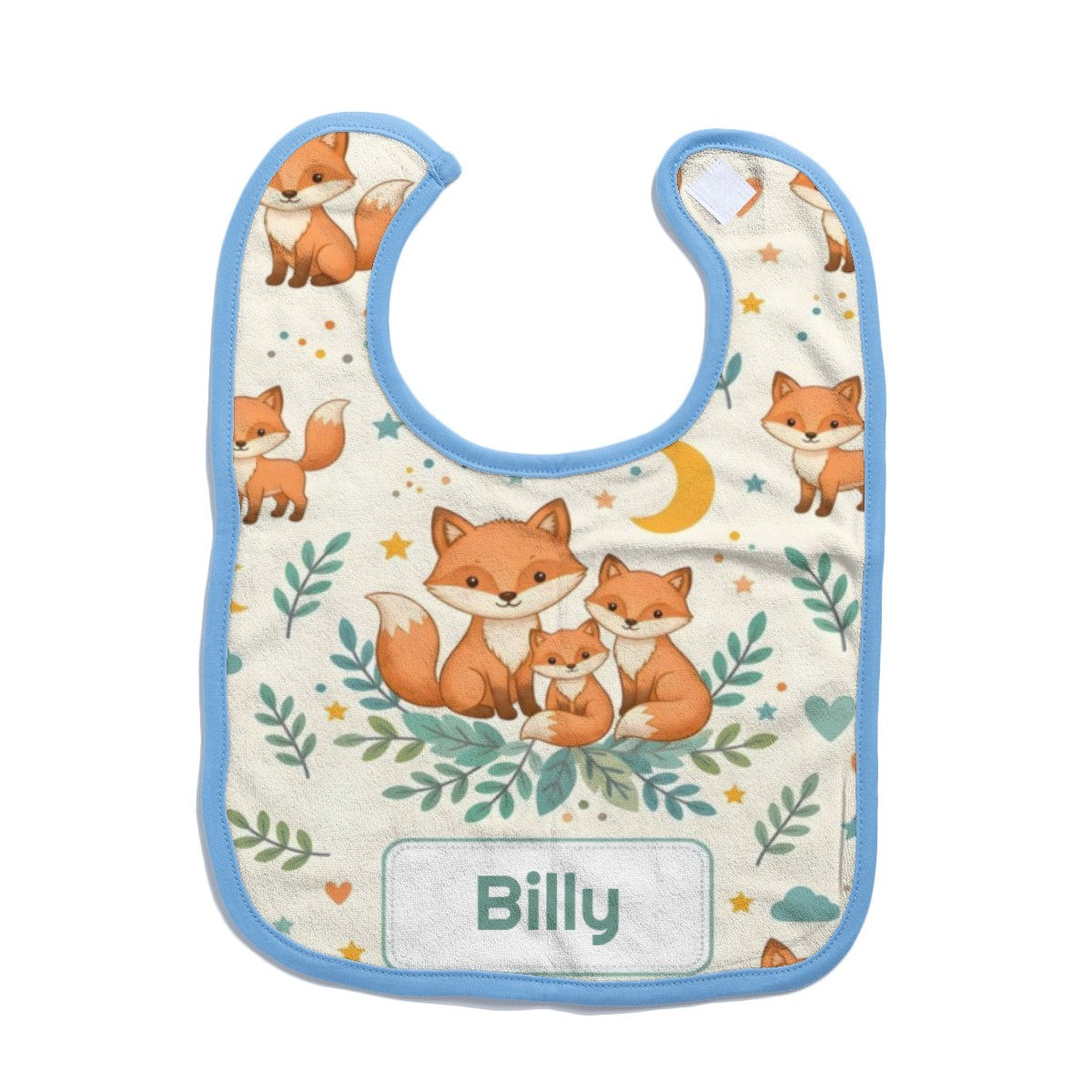 Blue-edged baby bib with fox family print and Billy name patch
