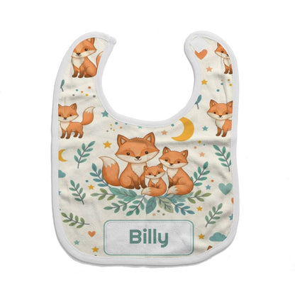 White baby bib with fox family print and gray name patch reading Billy