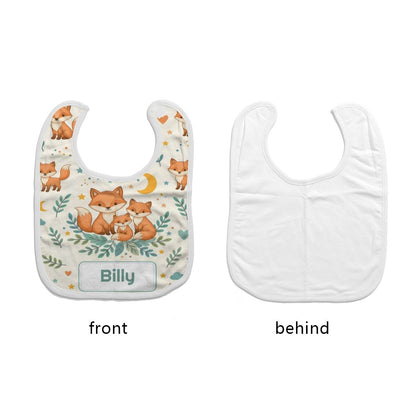 Baby bib: front shows fox family and Billy name patch; back is solid white