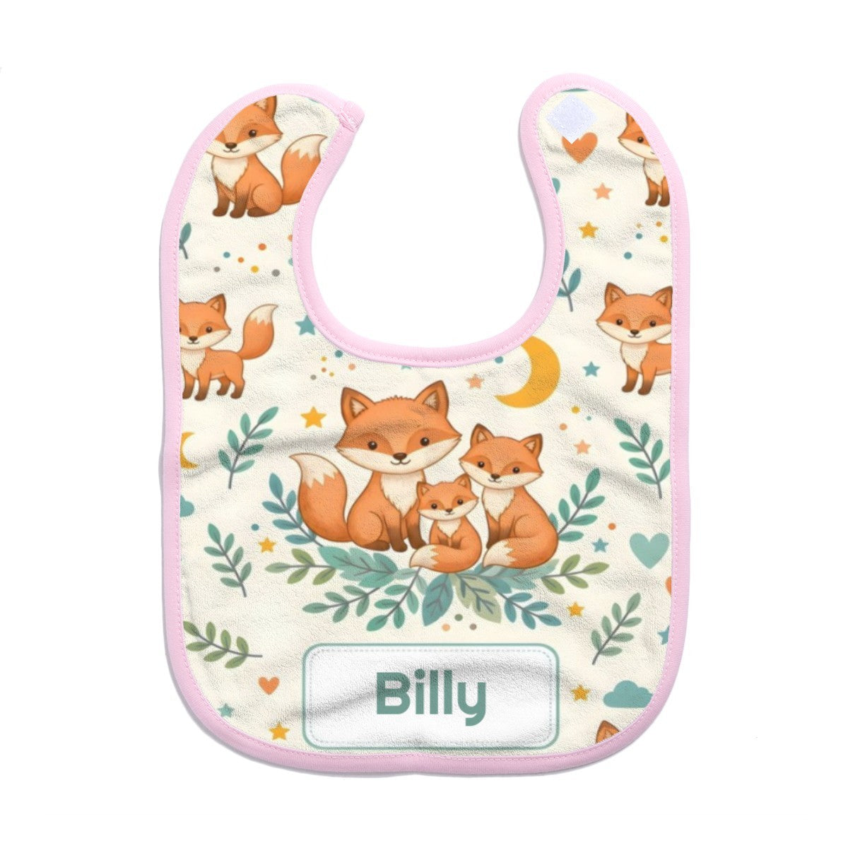 Pink-edged baby bib with fox family print and Billy name patch