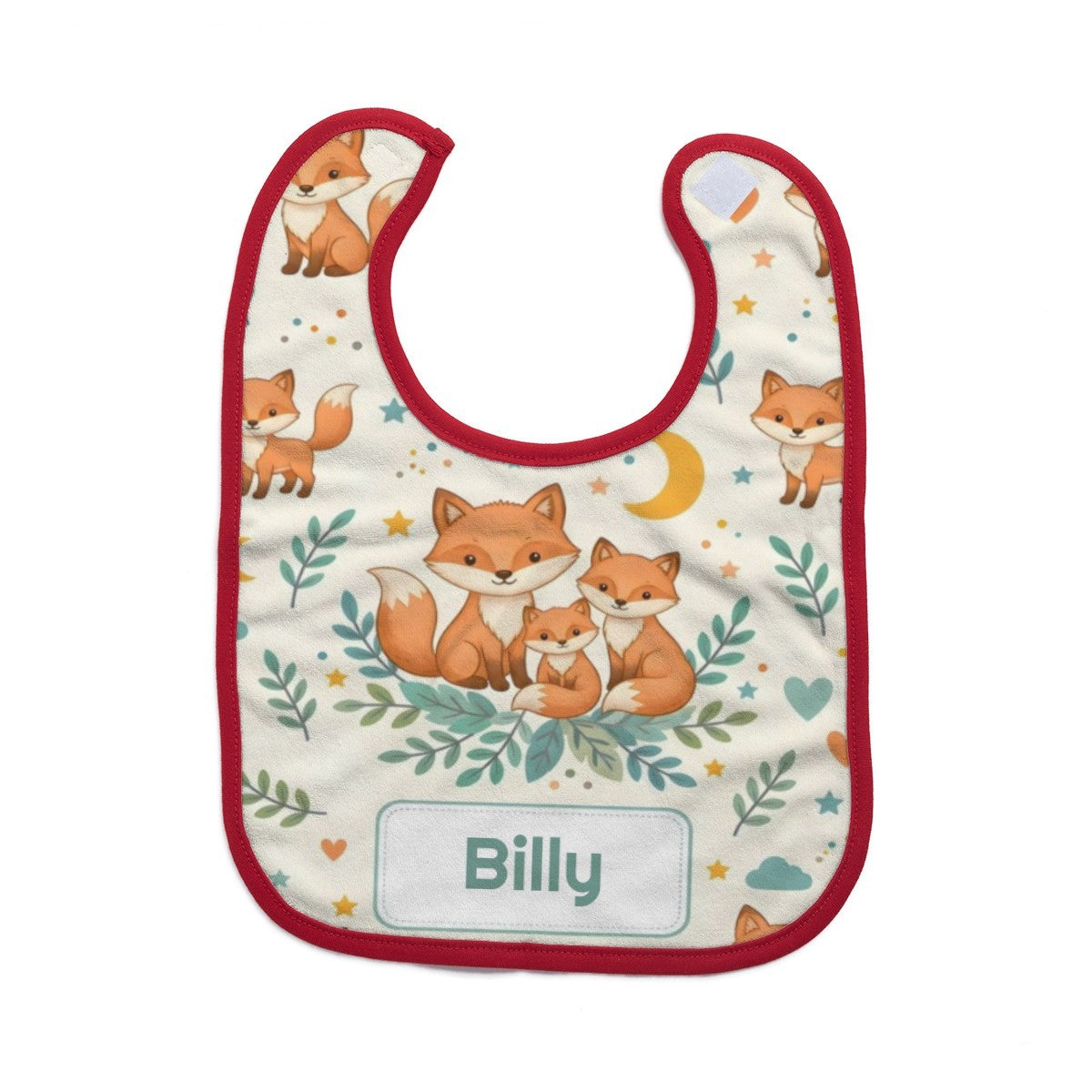 Red-edged baby bib with fox family print and Billy name patch