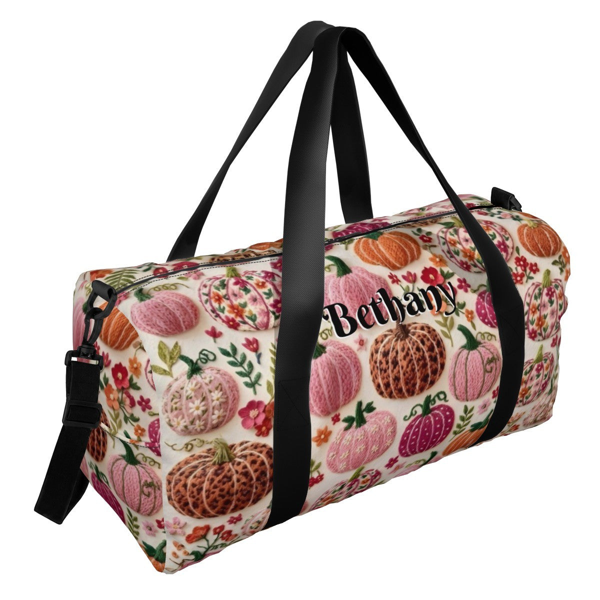 Fruit-pattern duffel bag with black handles and printed “Bethany” logo panel
