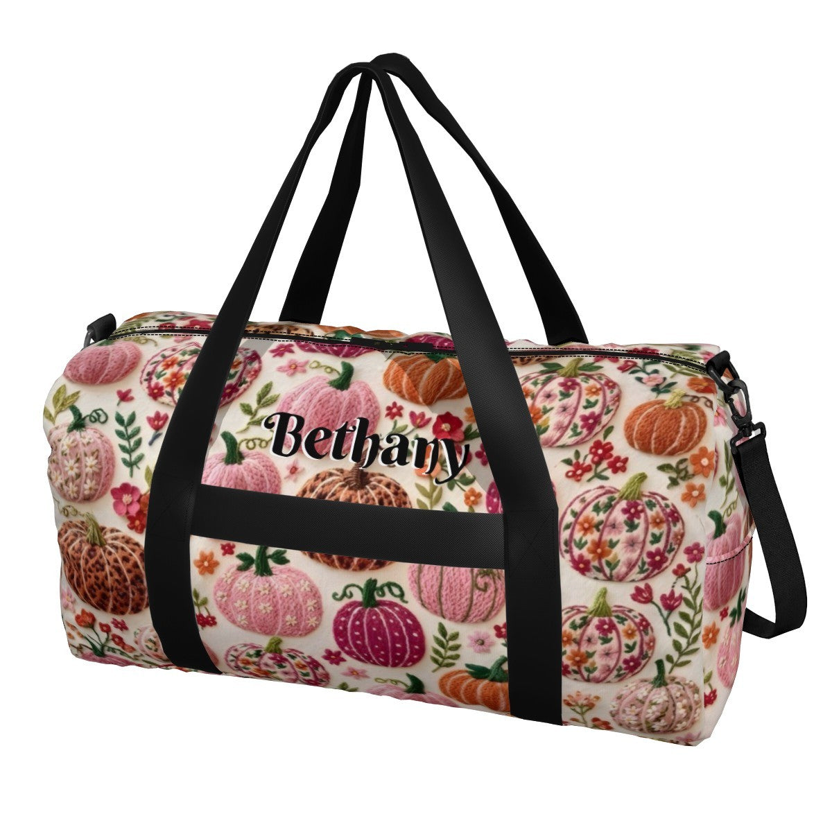Fruit-pattern duffel bag with black shoulder strap and “Bethany” front label