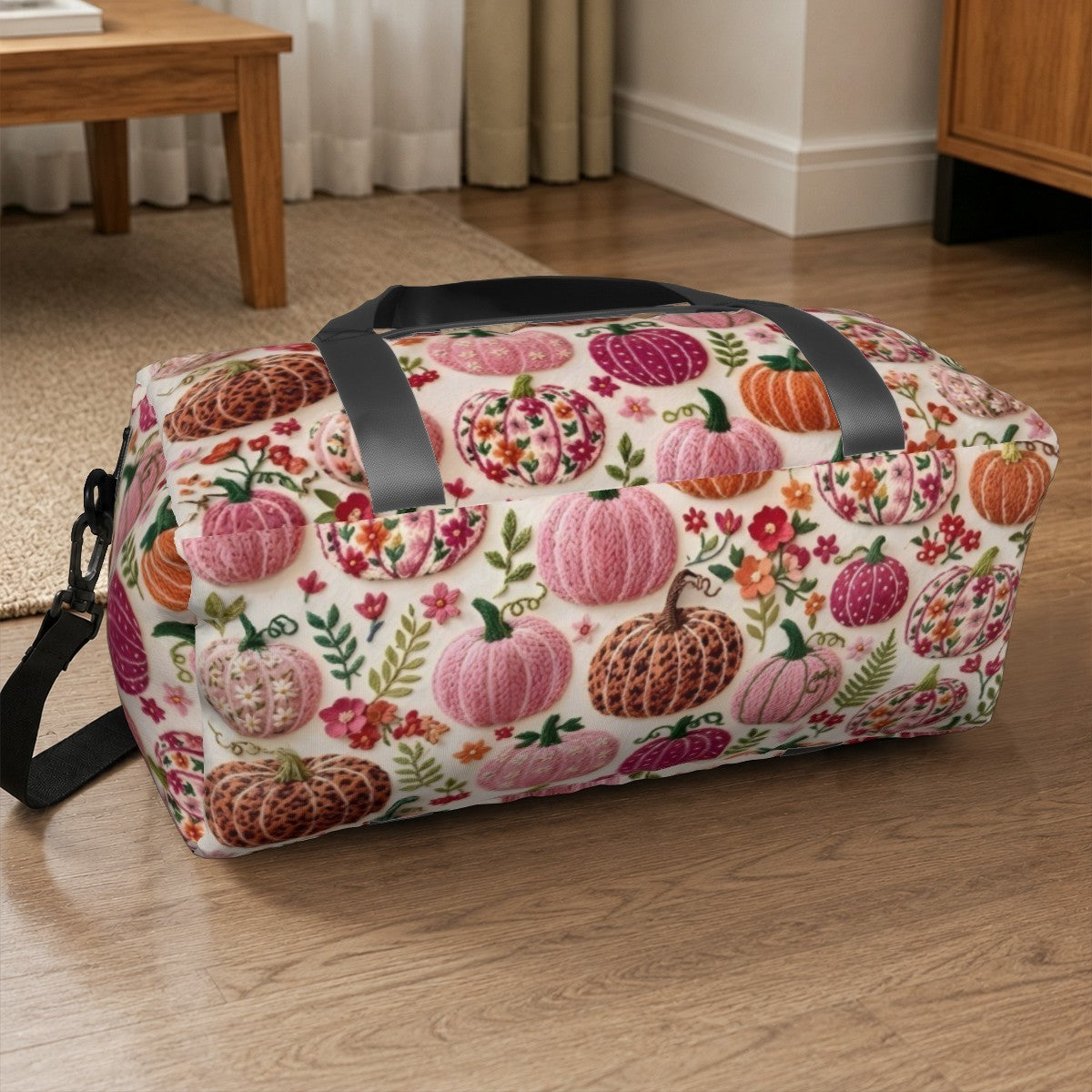 Fruit-pattern duffel bag with thick black handles and front “Bethany” label