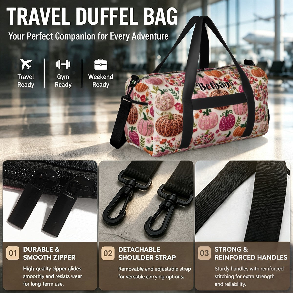 Fruit-pattern travel duffel bag with black handles and reinforced front strap area