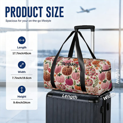 Fruit-pattern duffel bag with black handles set on a suitcase for travel