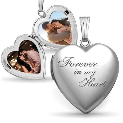 Silver heart photo locket necklace with engraved “Forever in my Heart” and two photo windows