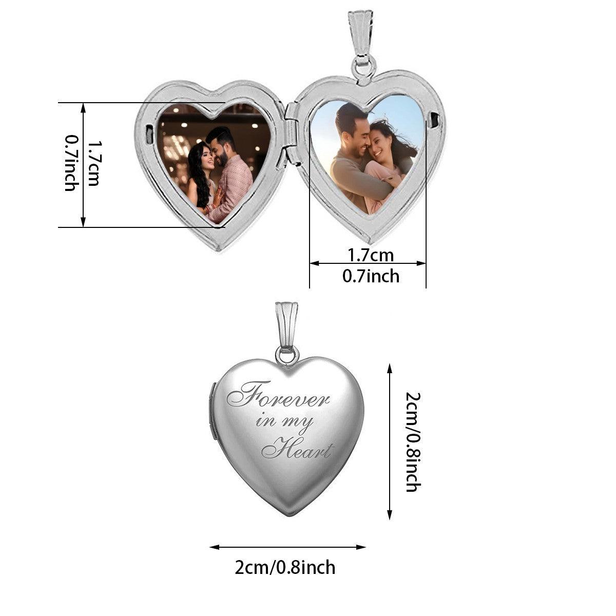 Heart photo locket necklace size view with engraved “Forever in my Heart”