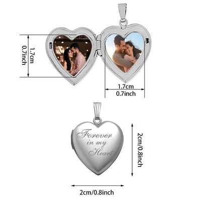 Heart photo locket necklace size view with engraved “Forever in my Heart”
