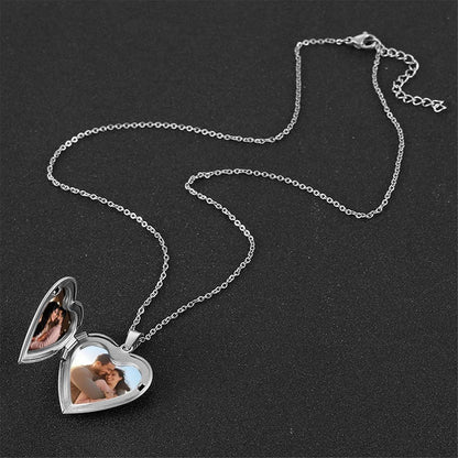 Silver heart photo locket necklace with chain and two-sided heart photo frames