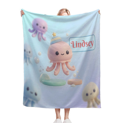 Octopus-themed blanket in light blue with cute octopus character and name Lindsey print