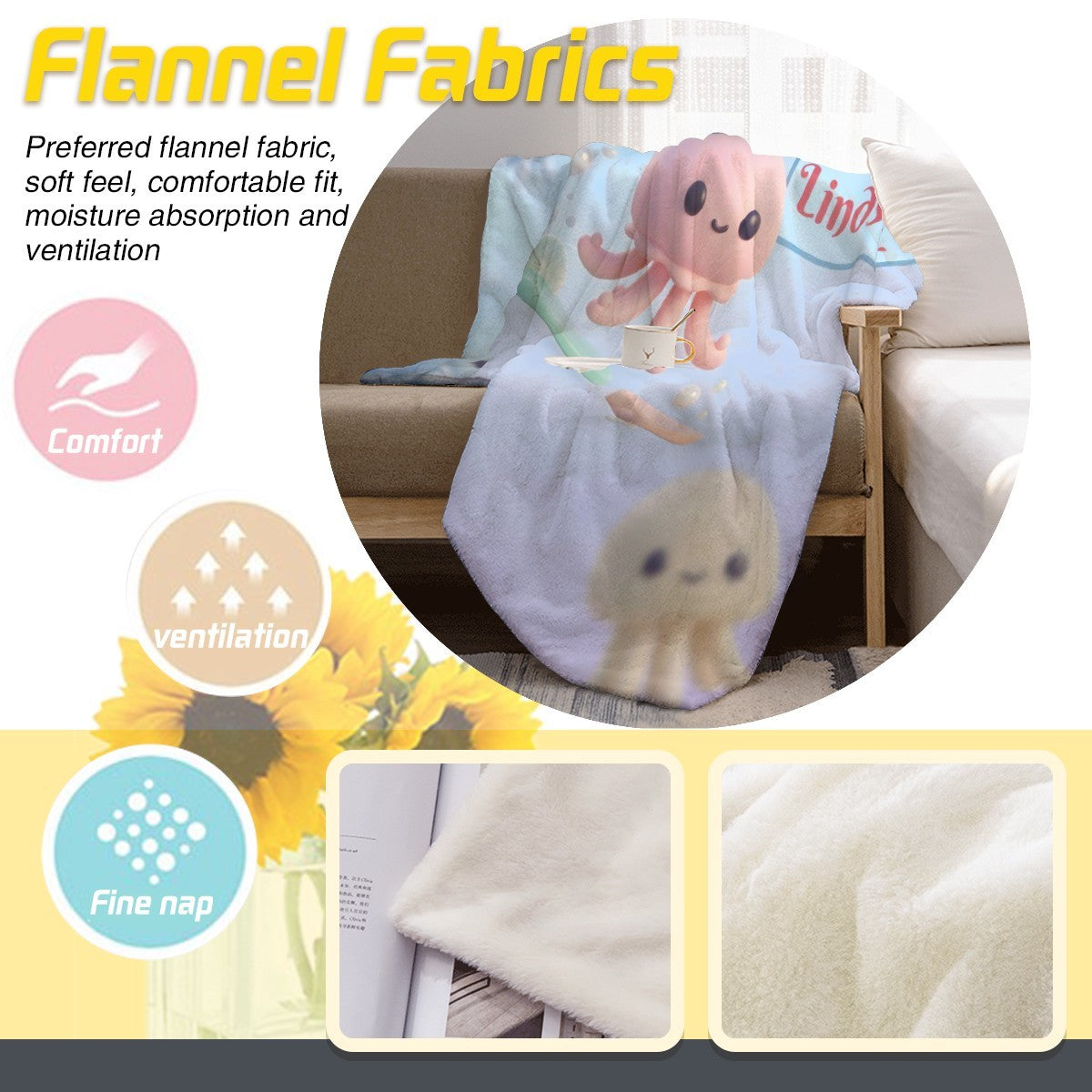 Octopus-themed light blue blanket with octopus character and Lindsey print on sofa