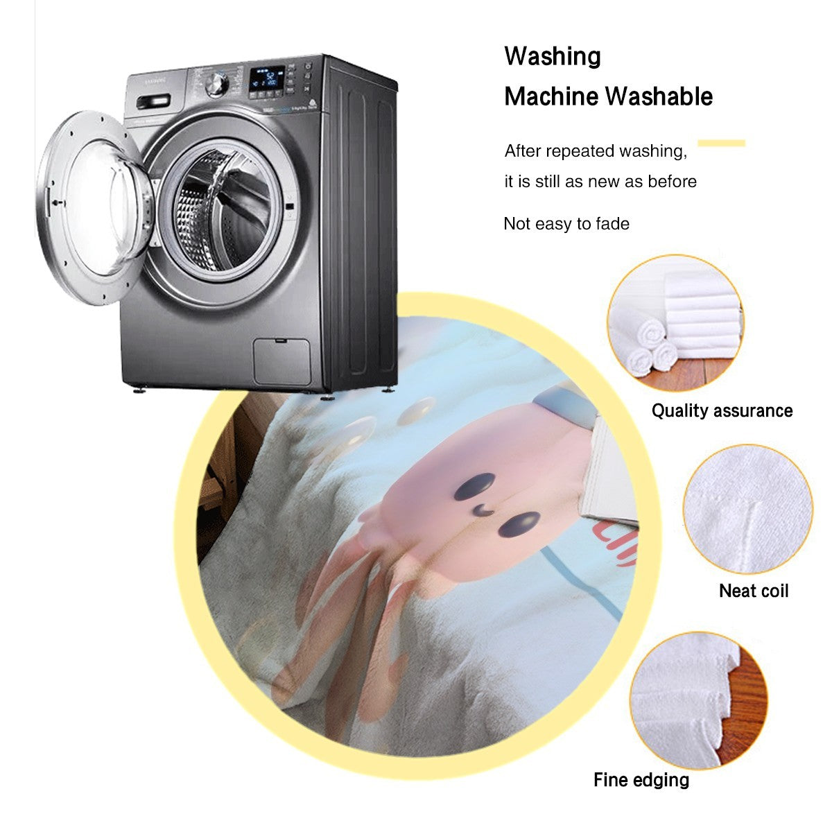 Octopus-themed blanket with octopus faces and Lindsey print, shown near washing machine