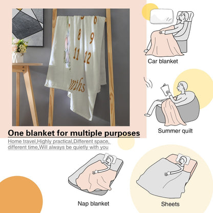 Light blue baby milestone blanket hanging for use as a nap blanket, “Months” text visible