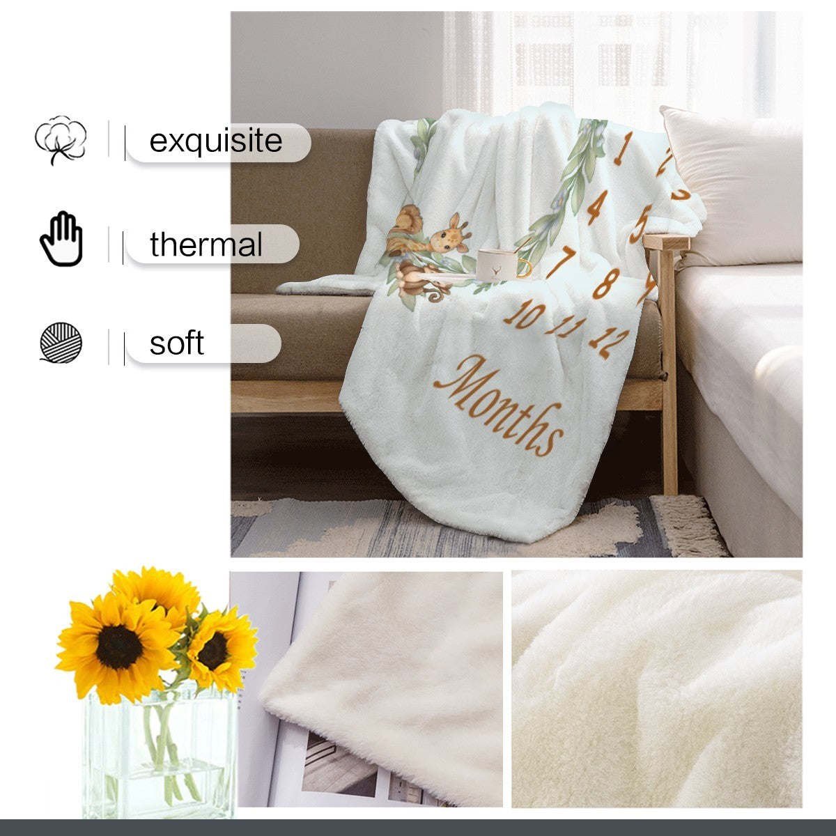 White baby milestone blanket with animal wreath and month numbers, “Months” text visible