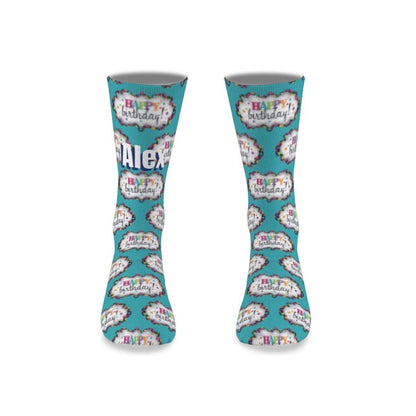 Teal birthday novelty socks with repeating cake and Happy Birthday medallion print
