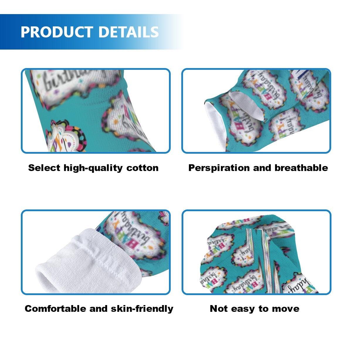 Teal birthday socks with repeating cake print, ribbed cuff and comfort knit texture